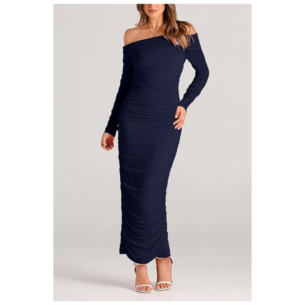 ✨Prettygarden Women's Off The Shoulder Maxi Dress NWOT Large Navy